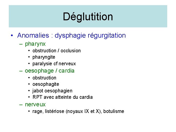 Déglutition • Anomalies : dysphagie régurgitation – pharynx • obstruction / occlusion • pharyngite