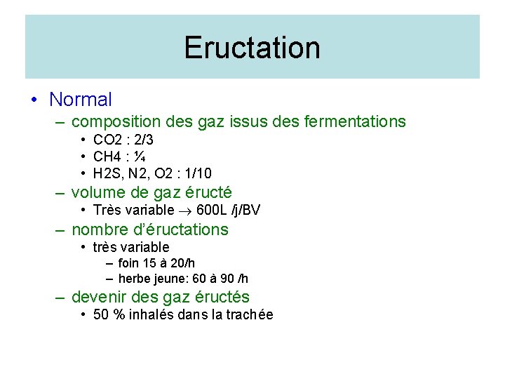 Eructation • Normal – composition des gaz issus des fermentations • CO 2 :