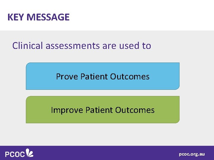 KEY MESSAGE Clinical assessments are used to Prove Patient Outcomes Improve Patient Outcomes pcoc.