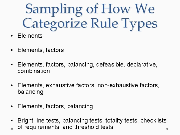 Sampling of How We Categorize Rule Types • Elements, factors, balancing, defeasible, declarative, combination