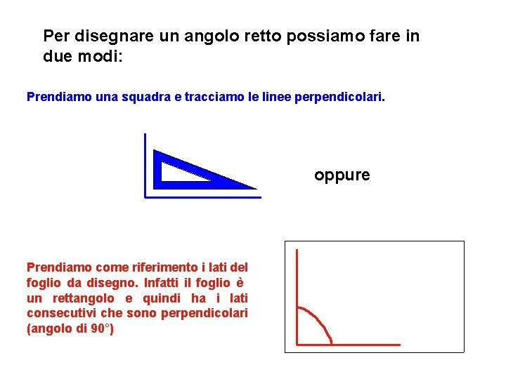 Per disegnare un angolo retto possiamo fare in due modi: Prendiamo una squadra e Per disegnare un angolo retto possiamo fare in due modi: Prendiamo una squadra e