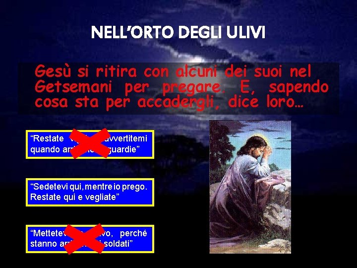 NELL’ORTO DEGLI ULIVI Gesù si ritira con alcuni dei suoi nel Getsemani per pregare.