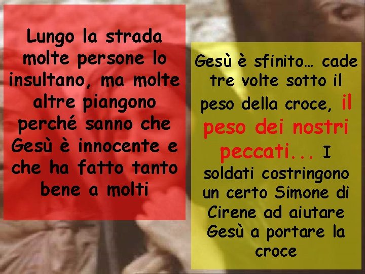 Lungo la strada molte persone lo Gesù è sfinito… cade insultano, ma molte tre