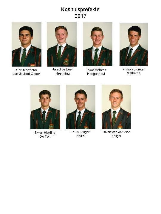 Koshuisprefekte 2017 Carl Mattheus Jan Joubert Onder Jared de Beer Neethling Ewan Hickling Du