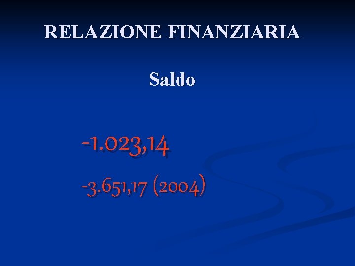 RELAZIONE FINANZIARIA Saldo -1. 023, 14 -3. 651, 17 (2004) 