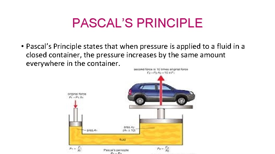 PASCAL’S PRINCIPLE • Pascal’s Principle states that when pressure is applied to a fluid