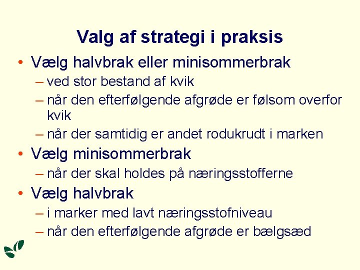 Valg af strategi i praksis • Vælg halvbrak eller minisommerbrak – ved stor bestand