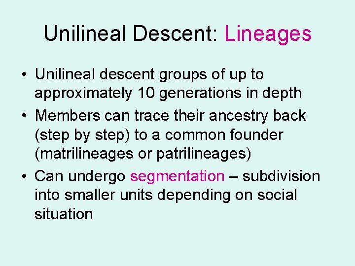 Unilineal Descent: Lineages • Unilineal descent groups of up to approximately 10 generations in