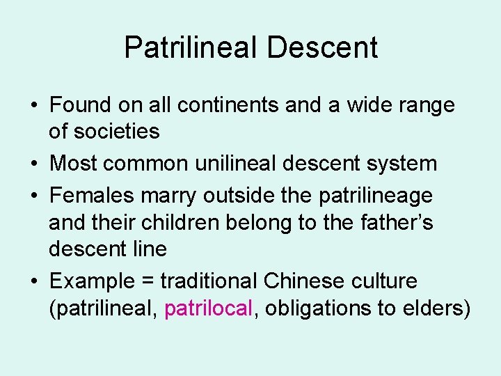 Patrilineal Descent • Found on all continents and a wide range of societies •