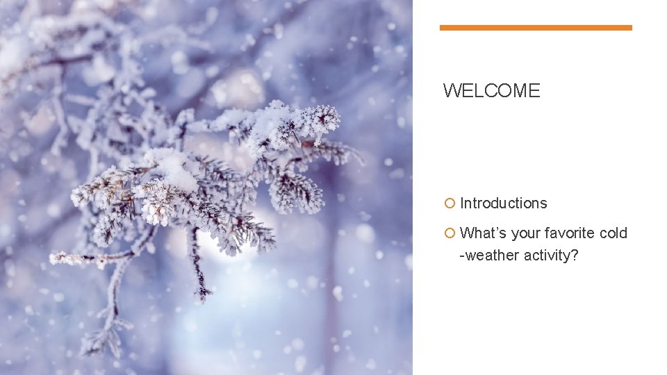 WELCOME Introductions What’s your favorite cold -weather activity? 