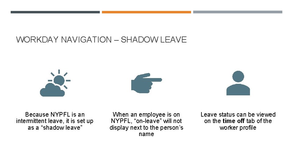 WORKDAY NAVIGATION – SHADOW LEAVE Because NYPFL is an intermittent leave, it is set