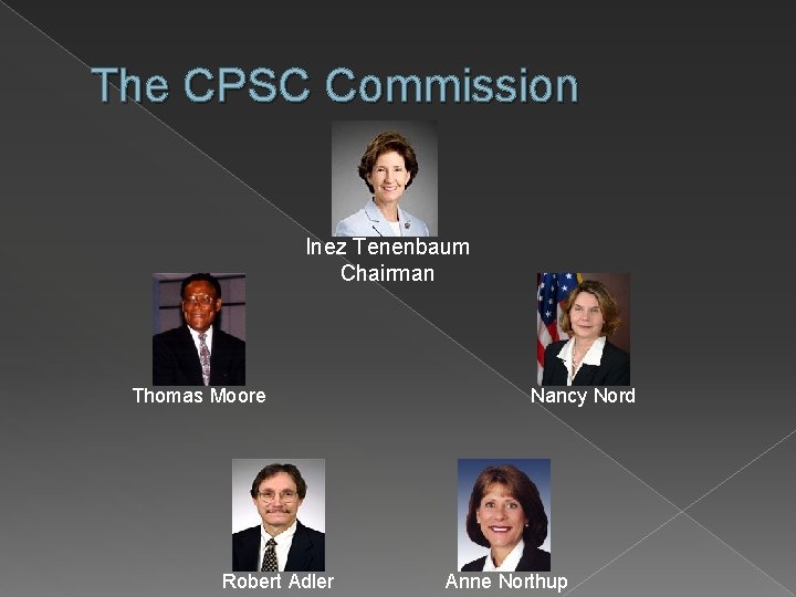 The CPSC Commission Inez Tenenbaum Chairman Thomas Moore Robert Adler Nancy Nord Anne Northup