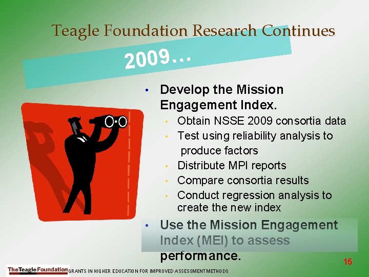 Teagle Foundation Research Continues 2009… • Develop the Mission Engagement Index. • • •
