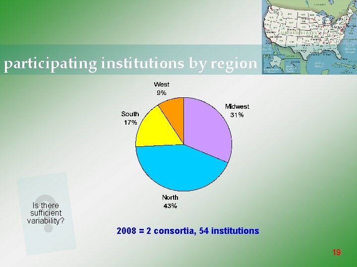 participating institutions by region Is there sufficient variability? 2008 = 2 consortia, 54 institutions
