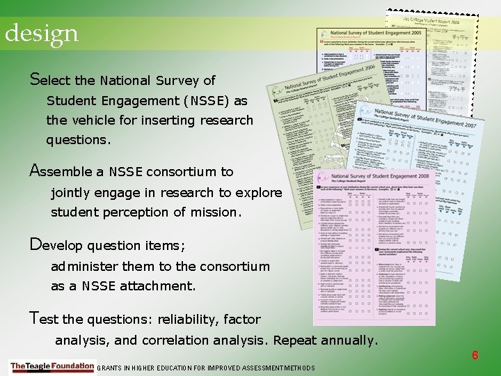 design Select the National Survey of Student Engagement (NSSE) as the vehicle for inserting