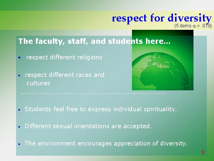 respect for diversity (5 items =. 878) The faculty, staff, and students here… •