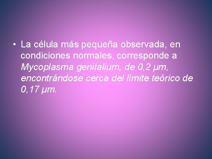  • La célula más pequeña observada, en condiciones normales, corresponde a Mycoplasma genitalium,