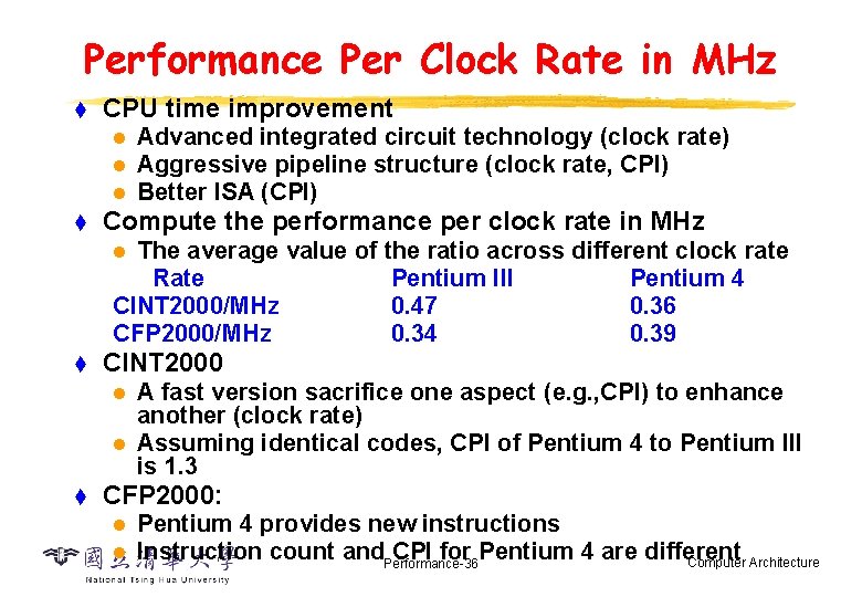 Performance Per Clock Rate in MHz t CPU time improvement l l l t