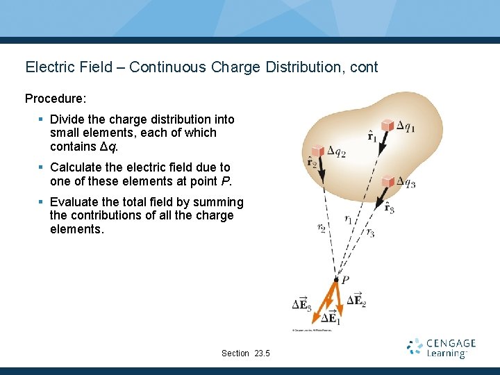 Electric Field – Continuous Charge Distribution, cont Procedure: § Divide the charge distribution into