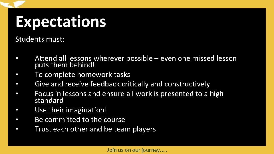 Expectations Students must: • • Attend all lessons wherever possible – even one missed