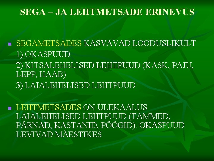 SEGA – JA LEHTMETSADE ERINEVUS n n SEGAMETSADES KASVAVAD LOODUSLIKULT 1) OKASPUUD 2) KITSALEHELISED