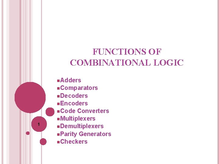 FUNCTIONS OF COMBINATIONAL LOGIC n. Adders n. Comparators n. Decoders n. Encoders n. Code