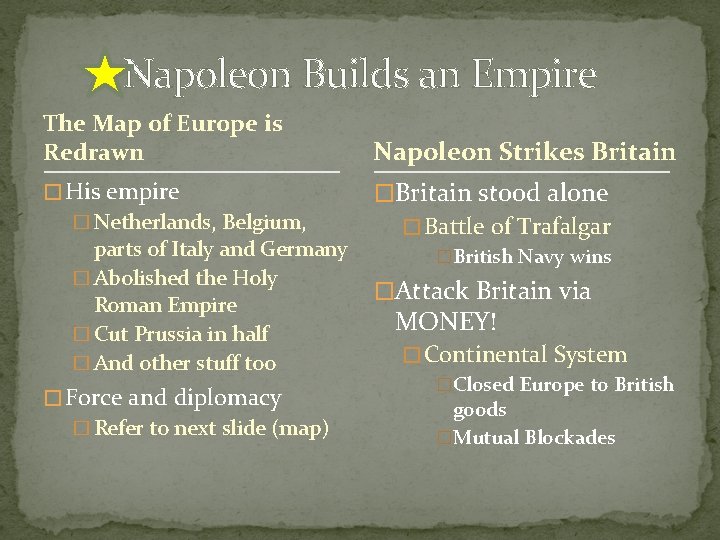 Napoleon Builds an Empire The Map of Europe is Redrawn Napoleon Strikes Britain �