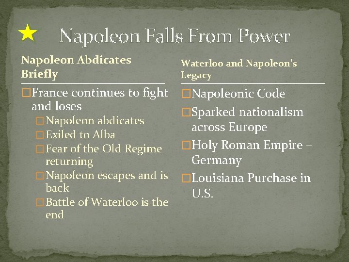 Napoleon Falls From Power Napoleon Abdicates Briefly Waterloo and Napoleon’s Legacy �France continues to Napoleon Falls From Power Napoleon Abdicates Briefly Waterloo and Napoleon’s Legacy �France continues to