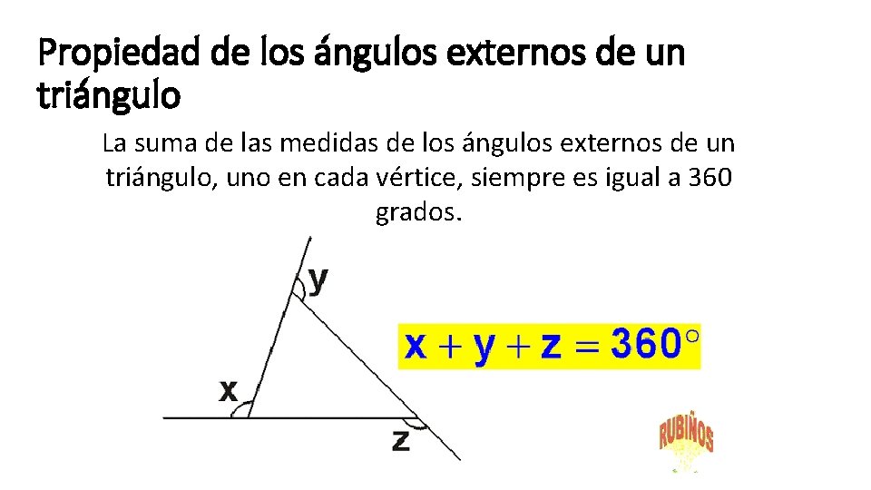 Propiedad de los ángulos externos de un triángulo La suma de las medidas de
