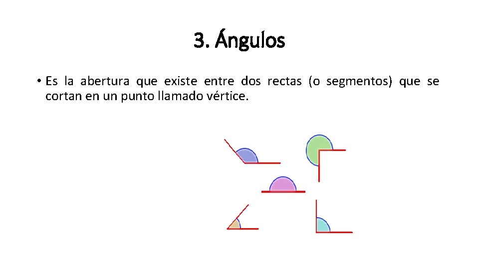 3. Ángulos • Es la abertura que existe entre dos rectas (o segmentos) que