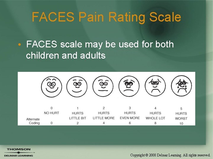 FACES Pain Rating Scale • FACES scale may be used for both children and