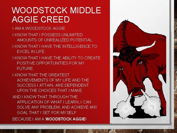 WOODSTOCK MIDDLE AGGIE CREED I AM A WOODSTOCK AGGIE. I KNOW THAT I POSSESS