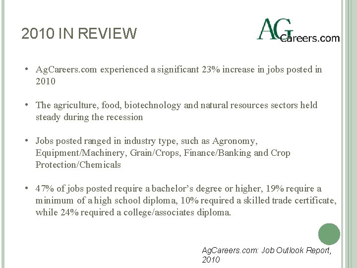 2010 IN REVIEW • Ag. Careers. com experienced a significant 23% increase in jobs