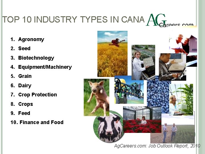 TOP 10 INDUSTRY TYPES IN CANADA 1. Agronomy 2. Seed 3. Biotechnology 4. Equipment/Machinery