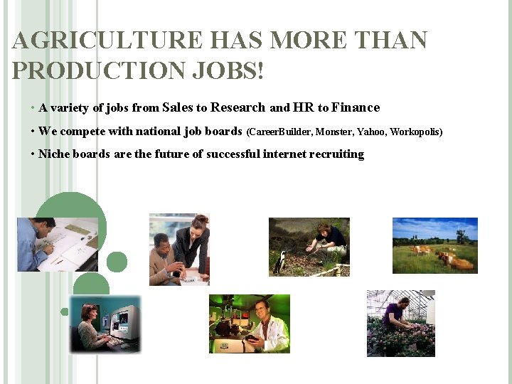 AGRICULTURE HAS MORE THAN PRODUCTION JOBS! • A variety of jobs from Sales to