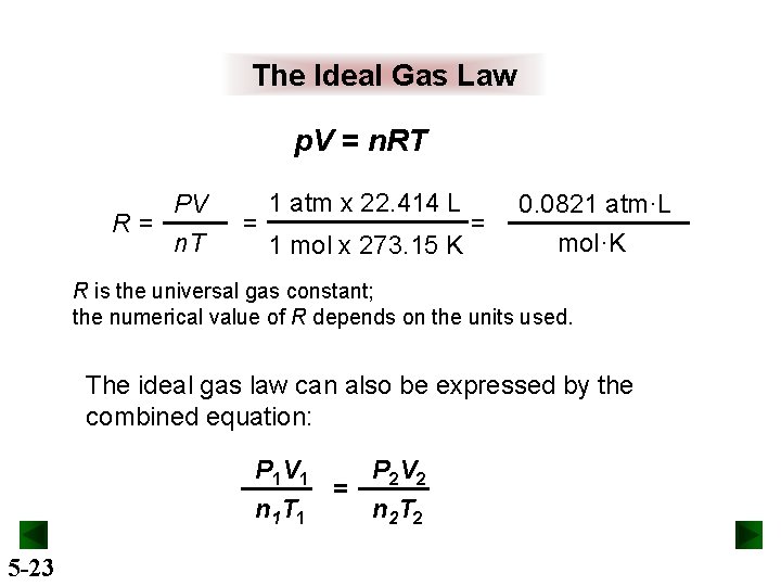 The Ideal Gas Law p. V = n. RT PV R= n. T =