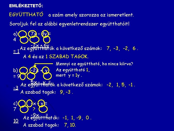 EMLÉKEZTETŐ: EGYÜTTHATÓ a szám amely szorozza az ismeretlent. Soroljuk fel az alábbi egyenletrendszer együtthatóit!