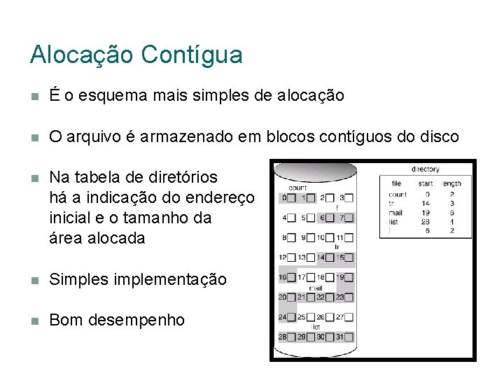 Alocação Contígua É o esquema mais simples de alocação O arquivo é armazenado em