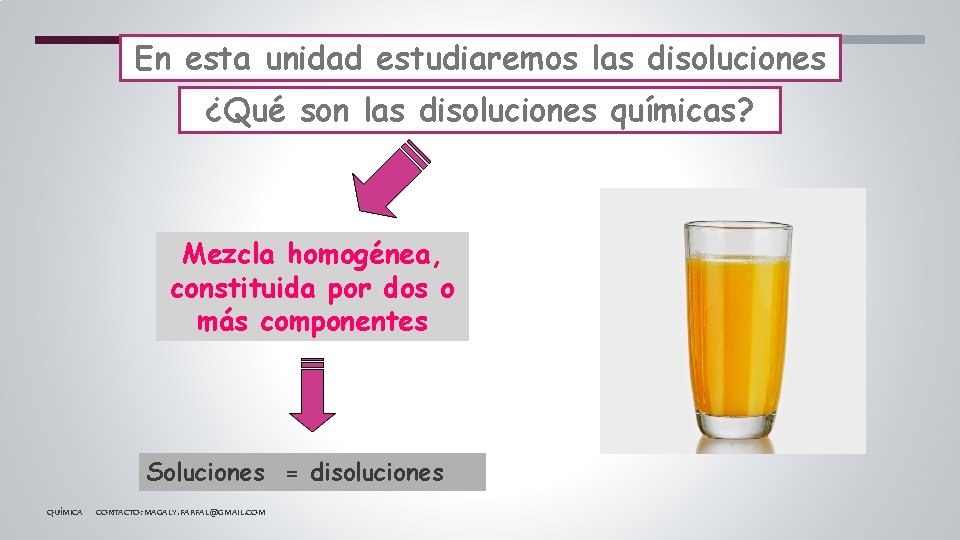 En esta unidad estudiaremos las disoluciones ¿Qué son las disoluciones químicas? Mezcla homogénea, constituida