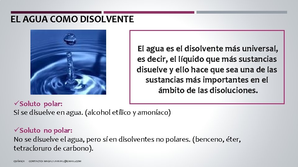 EL AGUA COMO DISOLVENTE El agua es el disolvente más universal, es decir, el