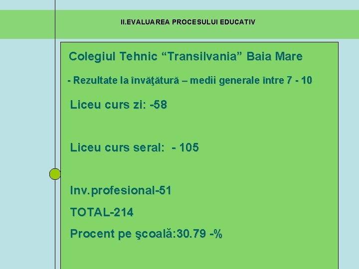 II. EVALUAREA PROCESULUI EDUCATIV Colegiul Tehnic “Transilvania” Baia Mare - Rezultate la învăţătură –