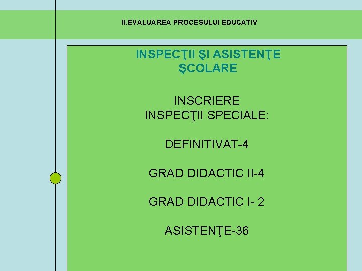 II. EVALUAREA PROCESULUI EDUCATIV INSPECŢII ŞI ASISTENŢE ŞCOLARE INSCRIERE INSPECŢII SPECIALE: DEFINITIVAT-4 GRAD DIDACTIC