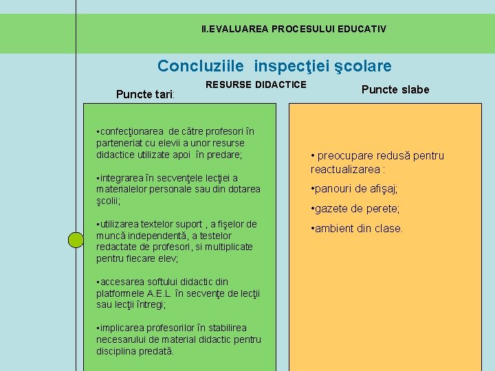 II. EVALUAREA PROCESULUI EDUCATIV Concluziile inspecţiei şcolare Puncte tari: RESURSE DIDACTICE • confecţionarea de