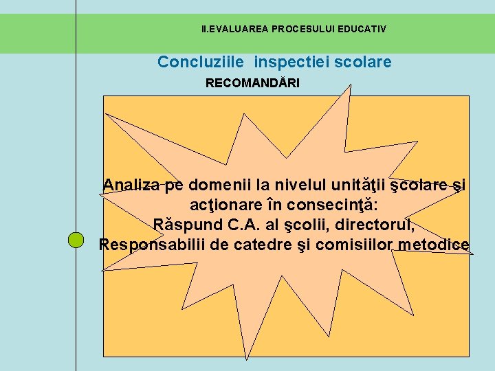 II. EVALUAREA PROCESULUI EDUCATIV Concluziile inspectiei scolare RECOMANDĂRI Analiza pe domenii la nivelul unităţii