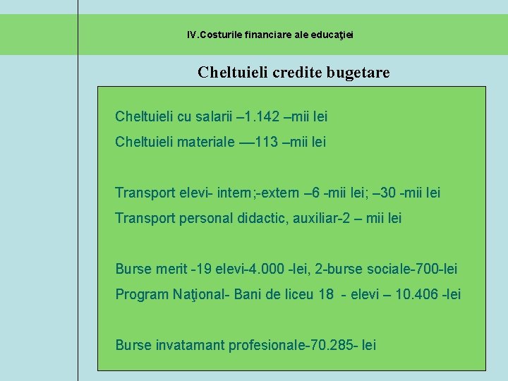  IV. Costurile financiare ale educaţiei Cheltuieli credite bugetare Cheltuieli cu salarii – 1.