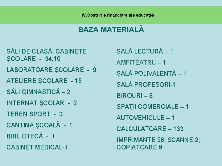  IV. Costurile financiare ale educaţiei BAZA MATERIALĂ SĂLI DE CLASĂ; CABINETE ŞCOLARE -