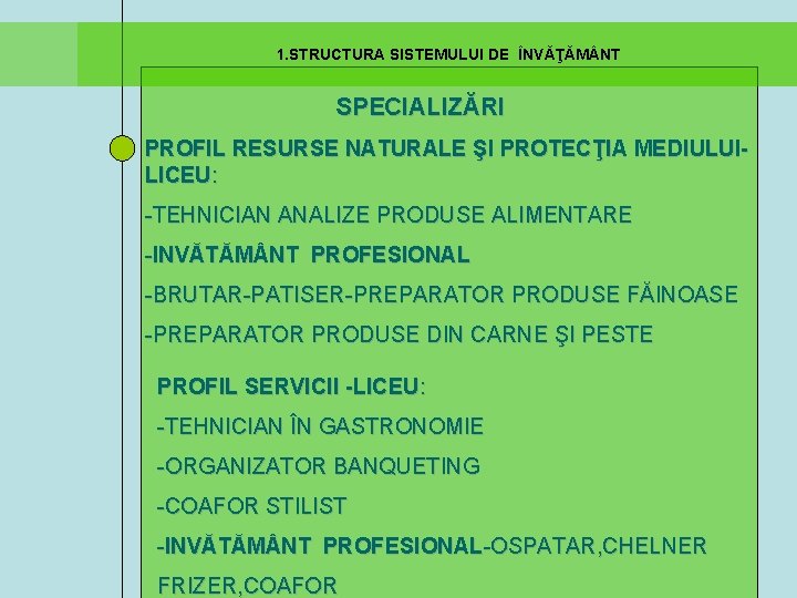  1. STRUCTURA SISTEMULUI DE ÎNVĂŢĂM NT SPECIALIZĂRI PROFIL RESURSE NATURALE ŞI PROTECŢIA MEDIULUI-