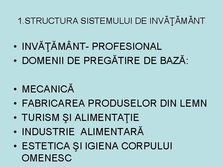 1. STRUCTURA SISTEMULUI DE INVĂŢĂMĂNT • INVĂŢĂM NT- PROFESIONAL • DOMENII DE PREGĂTIRE DE