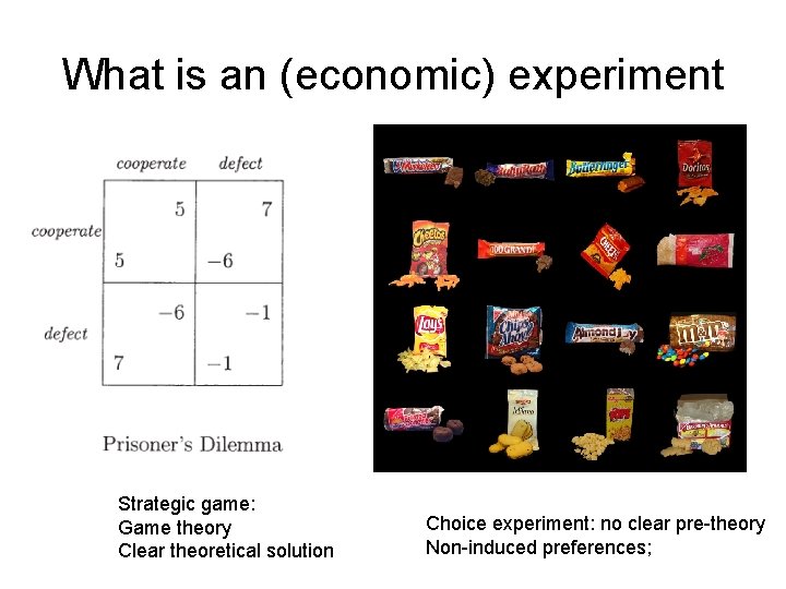 What is an (economic) experiment Strategic game: Game theory Clear theoretical solution Choice experiment: