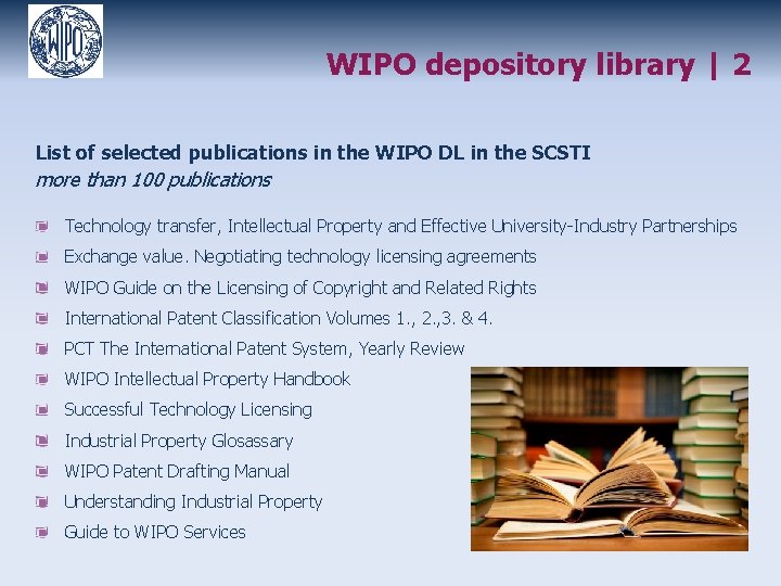 WIPO depository library | 2 List of selected publications in the WIPO DL in
